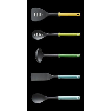 Juego de 5 utensilios Duo de Joseph Joseph, con soporte integrado, utensilios de cocina, resistentes al calor, color Ópalo, apto para lavavajillas.