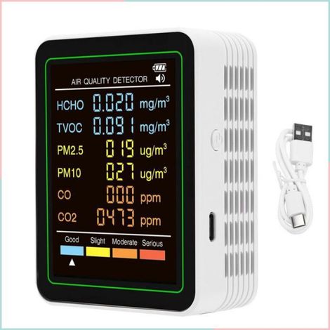 Testeur de qualité de l'air intérieur 6 en 1, capteur infrarouge CO CO2 TVOC HCHO PM10, écran LED couleur, blanc (1/4)