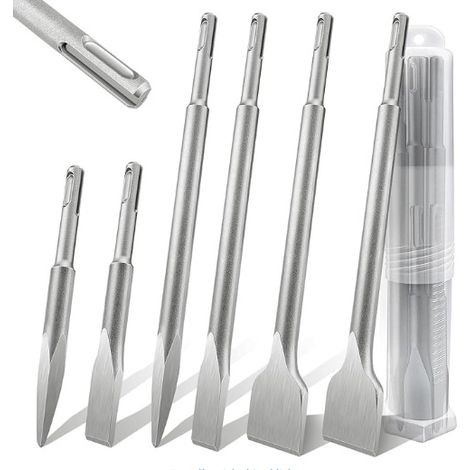 Ensemble de 4 burins SDS Plus – Burin rond 4 pointes – Burin incurvé 142 x 250 mm – Burin plat extra large pour carrelage (1/5)