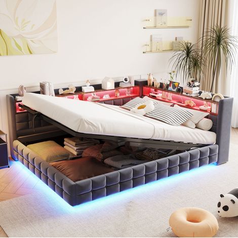 Divano letto a panca 140x200 cm multifunzione con contenitore idraulico, LED, prese USB Type-C, velluto grigio (1/5)