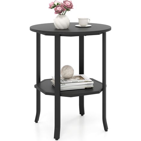 COSTWAY Round Side Table 2-Tier End Table with Storage Shelf-Black (1/5)