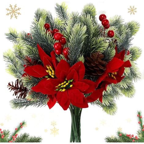 4 Pcs 13.4 Inch Red Poinsettia Artificial Christmas Flowers Bouquet with Pine Cone Red Berry Pine Needle Artificial Plants Christmas Decor for Craft Xmas Tree Garland Home Indoor Outdoor (1/5)