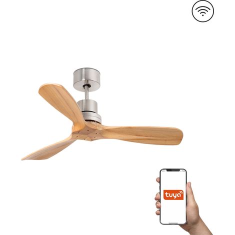 Faro Mini Lantau Petit ventilateur de plafond à 3 pales en nickel satiné, pin clair, système intelligent Tuya (1/5)