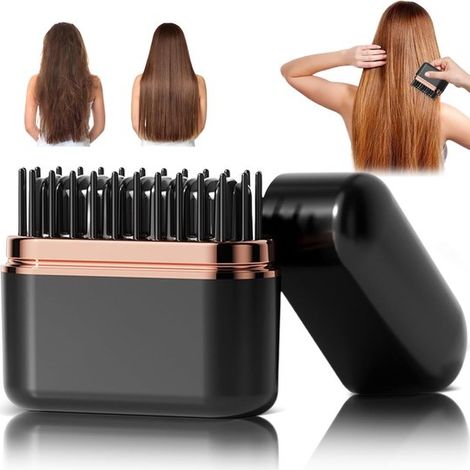 Mini lisseur et peigne lisseur sans fil rechargeable, chauffage rapide en 10 secondes, 3 températures, pour cheveux et barbe, portable, noir, idéal voyage (1/5)