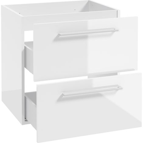 Waschtischunterschrank mit Metallgriffen in weiß, 60 cm breit mit 2 Schubkästen, in weiß Hochglanz lackiert MESSINA-107, B/H/T: ca. 60/60/45 cm (1/4)