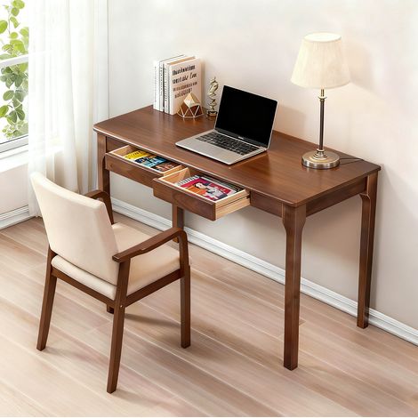 Bureau 120x55x75 cm en bois noyer, avec rangement pour chambre, facile à monter FloraGrace (1/5)