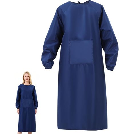 Tablier avec manches, tablier de peinture avec poche, tissu imperméable anti-huile, tablier de cuisine pour adultes (Bleu foncé) (1/5)