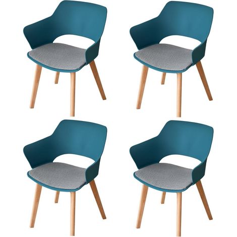 Lot de 4 chaises de salle à manger bleues avec pieds en bois et accoudoirs (1/5)
