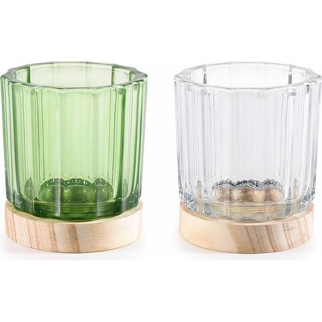 Porta candela tealight in vetro zigrinato verde e trasparente con base in legno, set da 4 pezzi, Ø 8,5 cm x 10 H