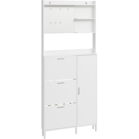 SoBuy Tall Shoe Storage Cabinet for Hallway Slim 14cm Narrow Shoe Cabinet with Doors & 3 Flip Drawers White Wooden Shoe Cabinet with 6 Hooks & 8 Shelves 83×14×197 cm Load capacity 70 kg FSR232-W (1/5)