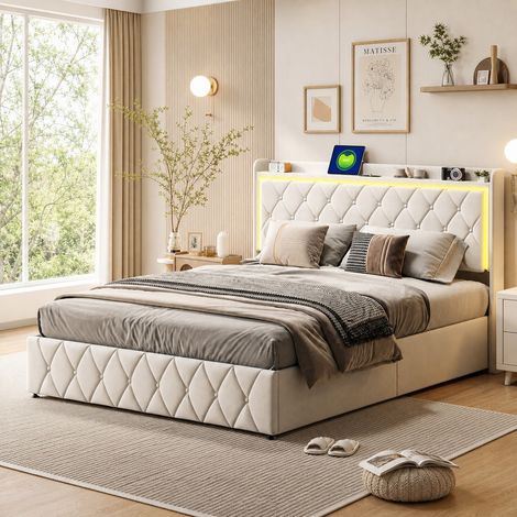 Lit double 140x190 cm velours, tête de lit avec LED et station de charge, lit coffre hydraulique grand rangement, capitonnage élégant, pour chambre parentale moderne
