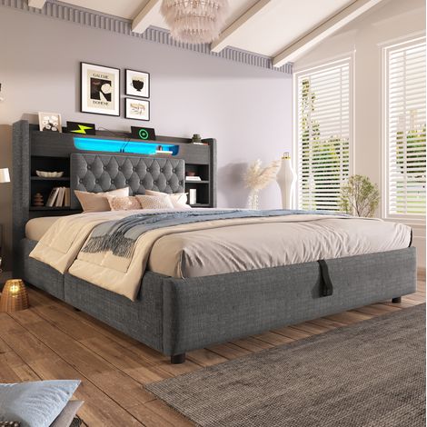 Letto matrimoniale contenitore LED USB 140x190 grigio OKMYHOME (1/5)