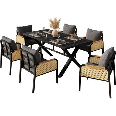 CHICFURN Set da giardino 6 persone 148x80x75 cm in metallo, legno plastico nero e naturale (1/5)