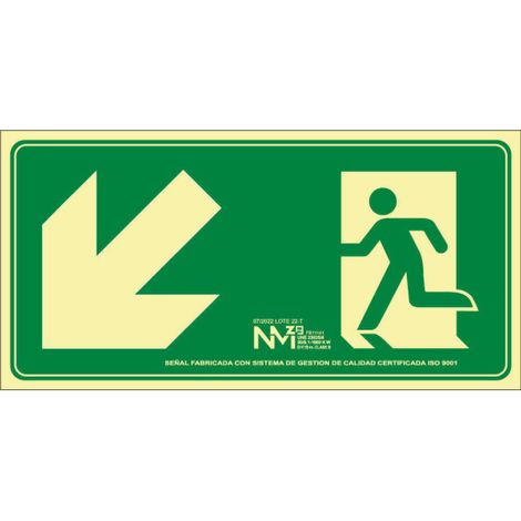 Señal de emergencia Salida Bajada Escalera Izquierda (solo pictograma) luminiscente SEKURECO 632 x 316 mm ALUMINIO 0'5 mm