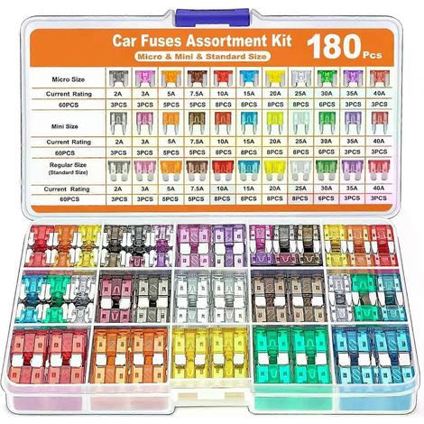 180-teiliges Kfz-Sicherungs-Sortiment (60 Mini-Flachsicherungen + 60 Standard-Kfz-Sicherungen + 60 Mikro-Sicherungen) + Sicherungszieher