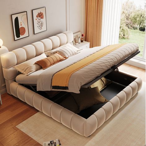 Letto contenitore 140x200 velluto beige sollevabile OKMYHOME (1/5)