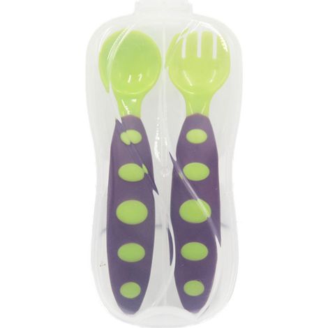 Cuillère et fourchette pour bébé réutilisables, ensemble portable en PP coloré vert et violet, idéal pour maison et restaurant (1/5)