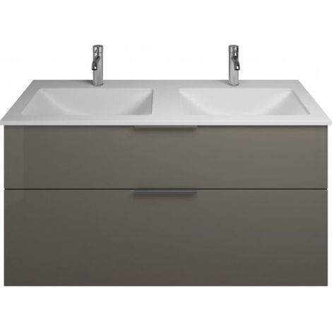 Burgbad Eqio Mineralguss-Doppelwaschtisch mit Unterschrank 122 cm, mit Mittelsteg und 2 Auszügen, mi Grau Hochglanz/Alpinweiss Schwarz matt (1/2)