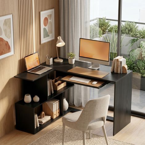 Bureau d'angle L 120x100x76 cm, plateau clavier 4 compartiments ouverts. Noir, design moderne et fonctionnel pour un espace de travail contemporain. (1/5)
