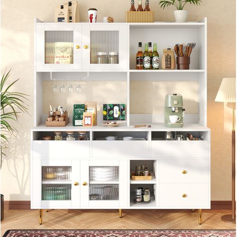 Buffet 145x39x171 cm en MDF blanc, avec rangement pour salle à manger FloraGrace (1/5)