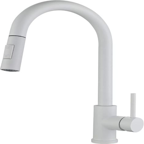 Weiße Spültischarmatur mit ausziehbarer Brause, Einhebelmischer mit Doppelfunktion und ausgeprägter Krümmung, mit 1/2-Zoll-Wasserzulaufschlauch, für die Montage auf der Arbeitsplatte (1/5)