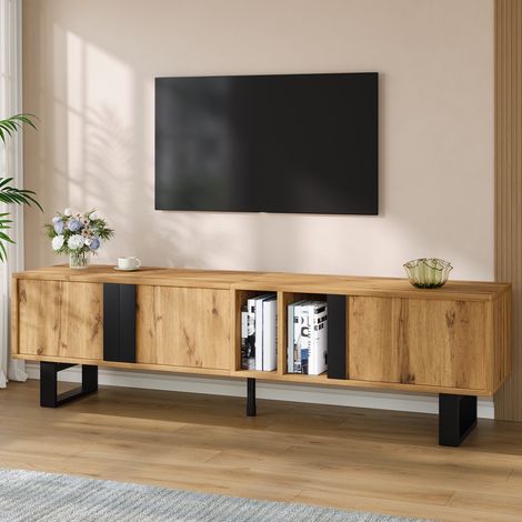 Meuble tv 160x40x50 cm buffet bas de salon avec 3 portes et niches ouvertes en bois et métal style industriel - naturel (1/5)