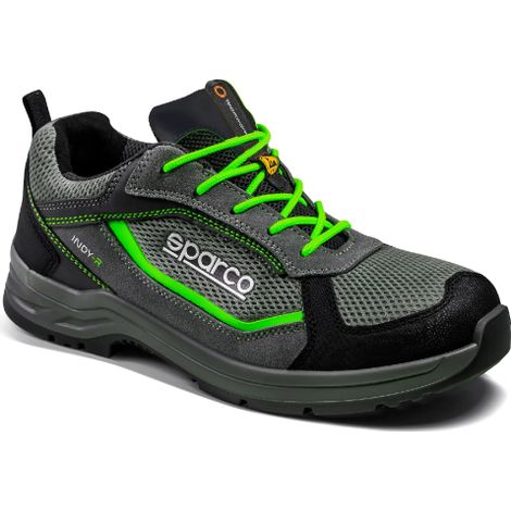 Chaussure de se'curite' basse Sparco Indy Sonoma ESD S1PS SR FO LG avec embout N.43 Gris Fonce'/Vert Fluo en daim et renforts en microfibre Grigio Scuro/Verde Fluo 43