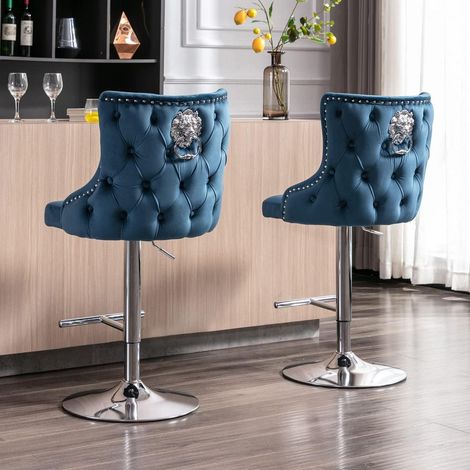 Barhocker 2er Set Samt Blau Höhenverstellbar mit Löwenkopf-Ring (1/5)