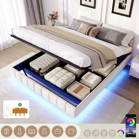 4ft6 Double Floating Bed Frame with Hydraulic Under-bed Storage & Smart RGB LED Lights, No Headboard Upholstered Bed with Concealed Anti-Collision Leg, Linen Fabric, Beige (No Mattress)
