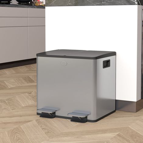 Boîte Cuisine Inoxydable Compartiments 2x15l Pédales Couvercles Doux Seau Amovible Mobilier Intérieur Acier Argent