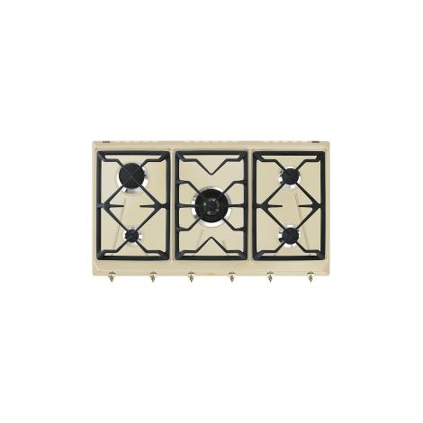 Smeg SRV896POGH. Colore del prodotto: Crema, Posizionamento dell'apparecchio: Da incasso, Dimensione della larghezza del piano cottura: 90 cm. Bruciatore piccolo: 1100 W, Bruciatore medio: 1700 W, ... (1/3)