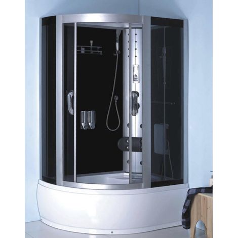 Azura Home Design – Cabine de douche hydromassante 120cm – 8 buses massantes – Verre trempé gris et noir – Structure en aluminium satiné – Siège ergonomique (1/2)