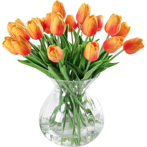 10 tulipani artificiali in lattice PU effetto "tocco reale", bouquet di fiori finti per composizioni floreali per casa, stanza, bouquet da sposa, decorazioni per feste, arancione e rosso