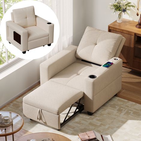 Poltrona letto 3 in 1, poltrona trasformabile pieghevole, letto singolo, schienale regolabile in 5 posizioni con tavolino laterale e porta di ricarica - Beige (1/5)