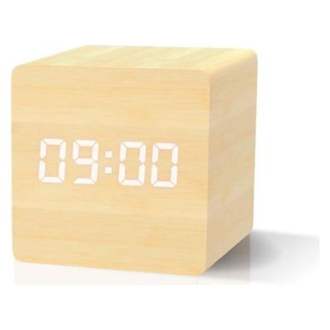 Réveil numérique 1pc couleur bois naturel, réveil LED avec affichage de la date, température, 3 alarmes, 4 niveaux de luminosité, horloge numérique alimentée par batterie ou USB (1/5)