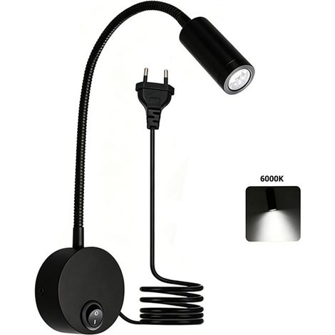 Applique Murale LED de Lecture 3 W à Col de Cygne Flexible – Lampe de Chevet Directionnelle à Lumière Blanche 6000K pour Chambre, Bureau et Lecture (1/3)