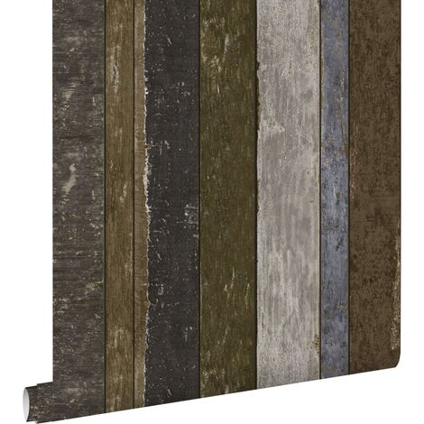 papier peint imitation bois marron, gris et bleu - ESTAhome (1/5)