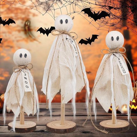 Lot de 3 fantômes d'Halloween en bois 2025 pour décoration d'intérieur, fantômes d'Halloween primitifs sur support en bois, fantômes mignons effrayants pour ferme, étagère, cheminée, cuisine, maison (1/5)