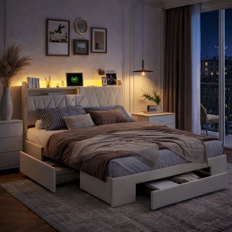 Lit capitonné 140x200 cm avec LED et USB, lits double avec 3 tiroirs, lit adulte avec sommier à lattes,tete de lit avec rangement, pour adultes et adolescents, velours, beige (1/5)