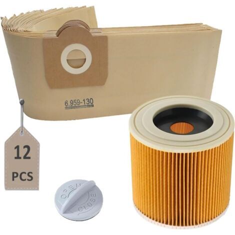 Lot de 12 Sacs et 1 Filtre Cartouche pour Aspirateur Kärcher WD3 MV3 SE4001 Compatible