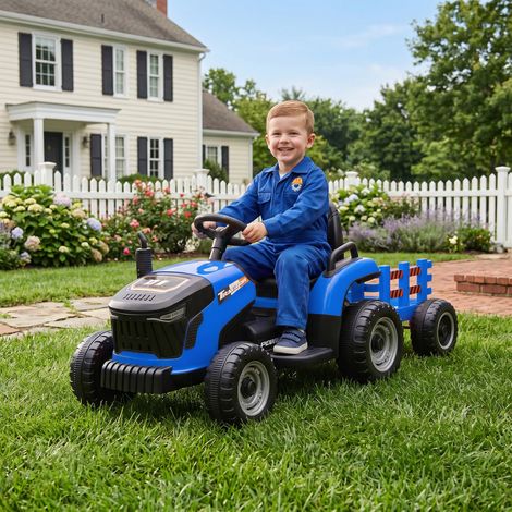 Tracteur électrique enfant remorque amovible télécommande 2,4G 139x58x55 bleu (1/5)