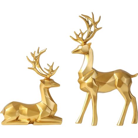Statuette Cerf - Résine Polyuréthane - Style Blanc Nacré et Or Antique - Pour Décoration Noël Salon Armoire à Vin Chambre - Lot de 2 (1/5)