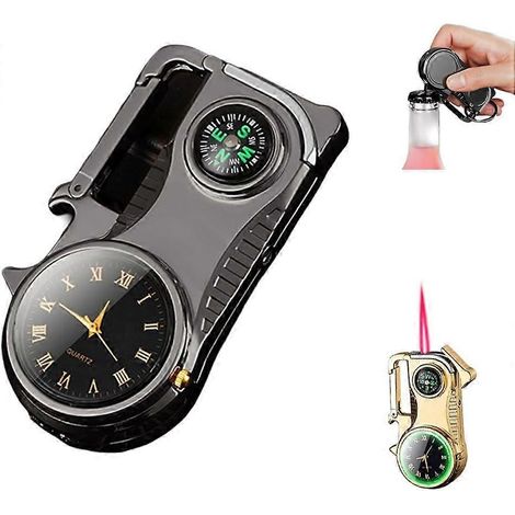 Briquet torche à butane 4 en 1 rechargeable coupe-vent avec montre décapsuleur boussole intégrés - noir (1/5)