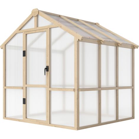 6.6 x 6ft Polycarbonate Greenhouse, Walk-in Wooden Greenhouse with Lockable Door Window, Garden Plants Grow House, Brown (1/5)