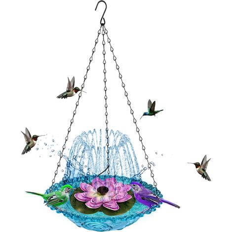Bañera colgante con energía solar, fuente flotante y sistema de filtro para aves, resistente a la intemperie, colorida, fabricada en plástico robusto, con cadena de 40 cm de longitud. (1/5)