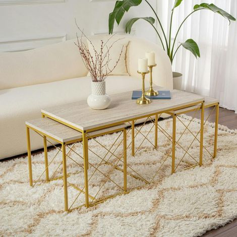 Table basse gigogne effet travertin pied doré (lot de 3) JENA