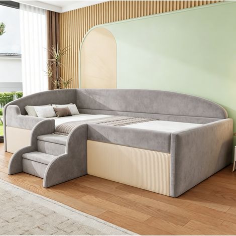 Cama infantil de 90x190 cm con escalones, barandilla de seguridad y somier de láminas, ahorra espacio, terciopelo gris (1/5)