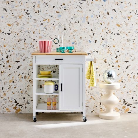 Desserte de cuisine blanche BENDOR plateau en bois d'hévéa. 83 x 47 x 91 cm. 1 poignée. 4 roues. 1 tiroir. 5 étagères. 1 porte. style contemporain (1/5)