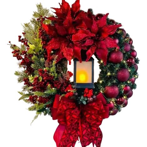 Couronnes de Noël artificielles pour porte d'entrée - décorées de lanternes, boules, baies et rubans, décorations de Noël intérieu (1/5)