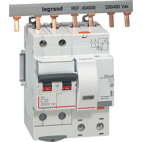 Disjoncteur différentiel monobloc DX³6000 10kA arrivée haute et départ bas vis 2 Pôles 400V 10A type AC 30mA LEGRAND 411157 (1/2)